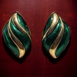 Vintage Gold-Tone w/Green Enamel Statement Earrings